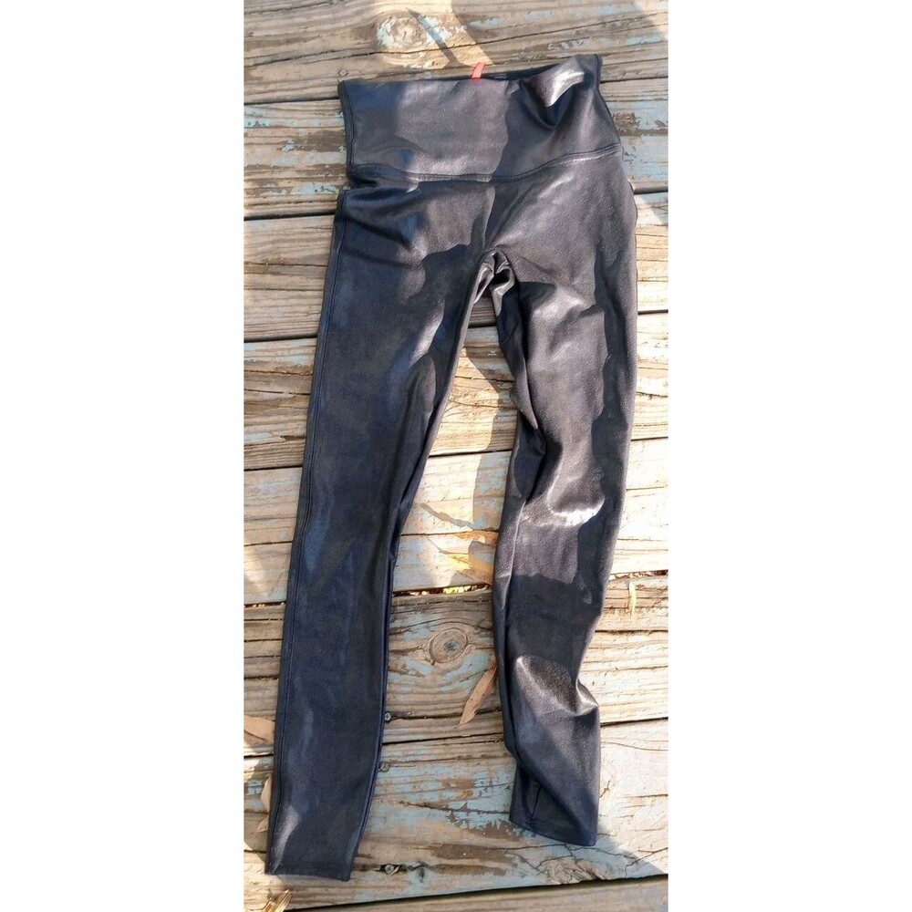 SPANX Black Faux Leather Leggings Women’s Large L Black Shapewear Shiny Stretch